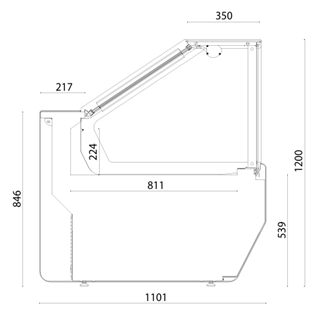 Dimensioned engineering drawing of a display-case cross-section