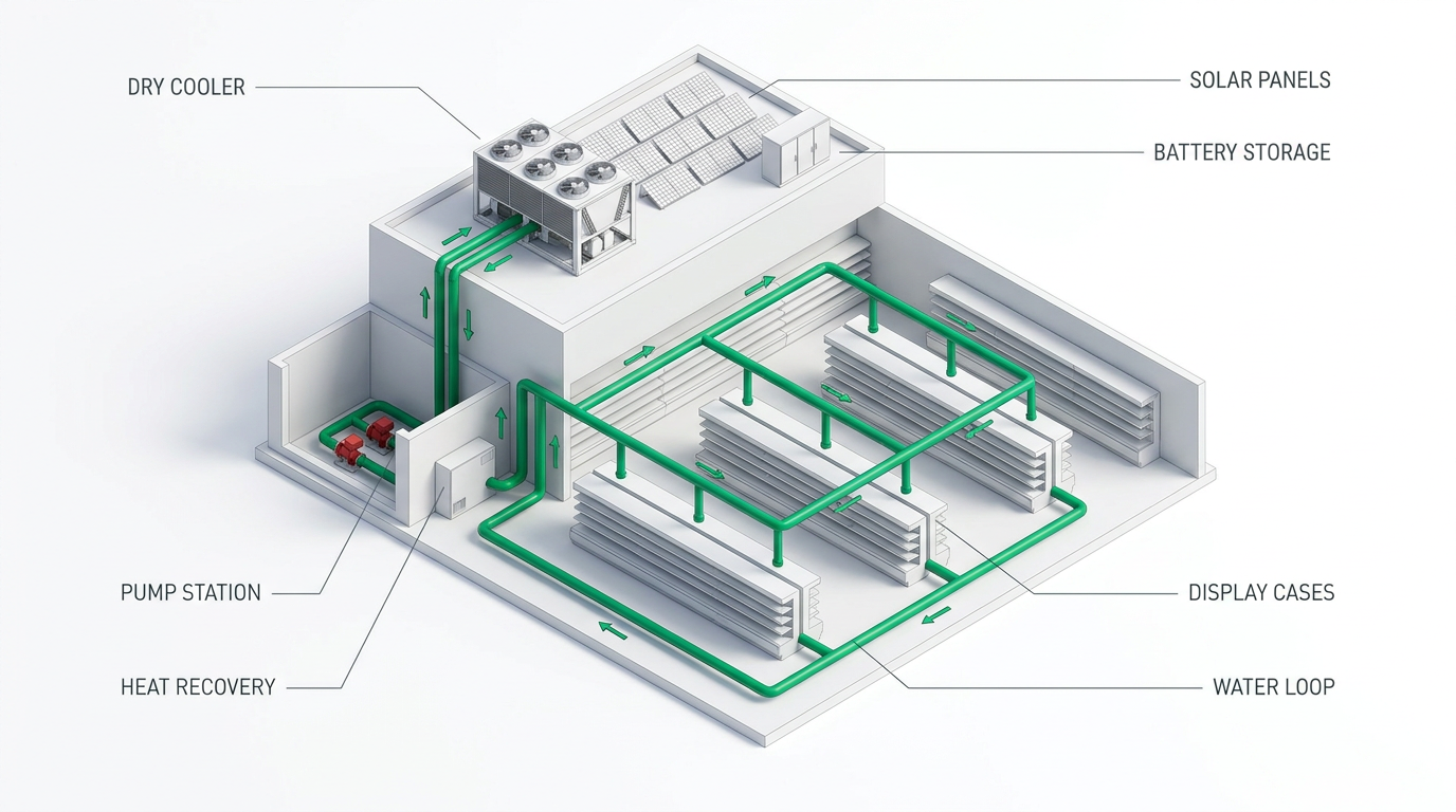 Isometric overview of a HydraThermal Loop store: display cases connected by a single water loop to the pump station, heat recovery, rooftop drycooler, solar array and battery storage