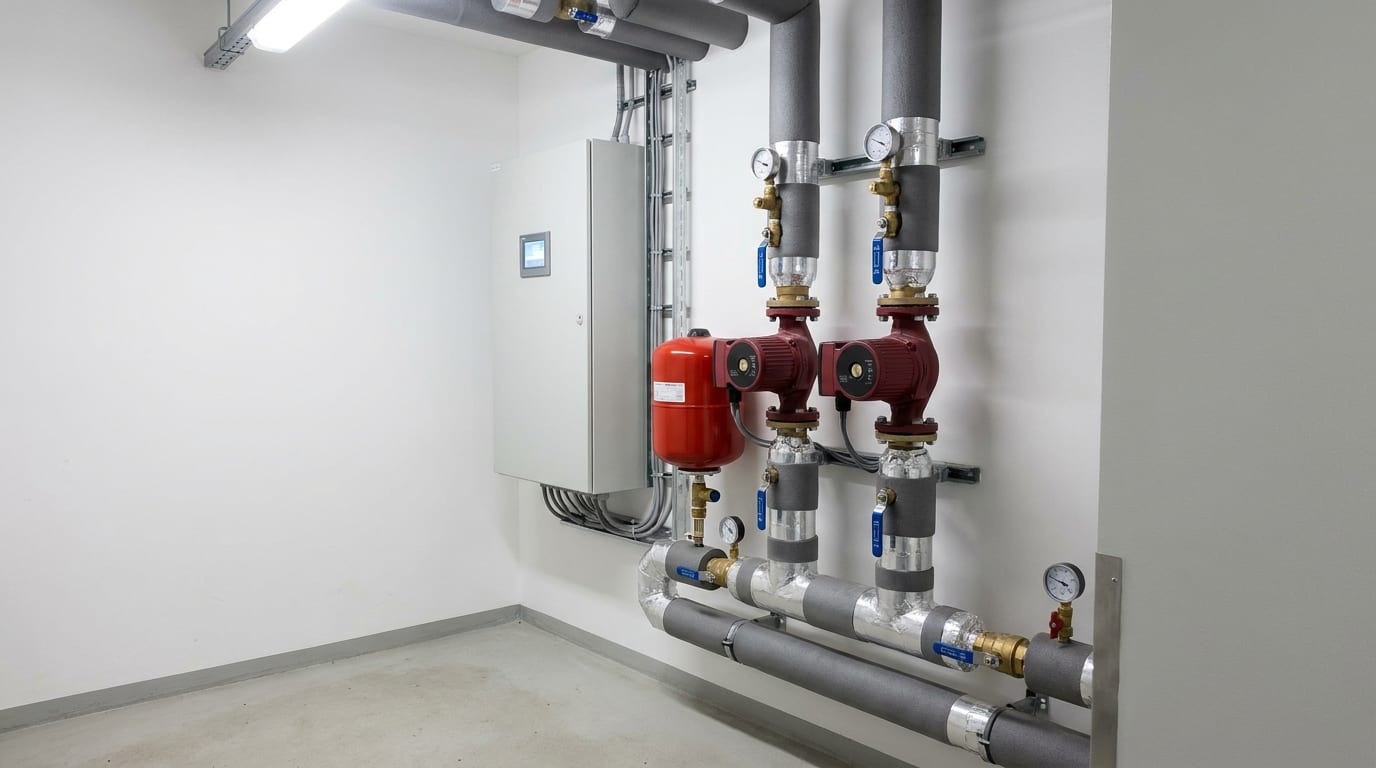 HTL pump station with twin circulation pumps, expansion vessel and insulated water-loop piping