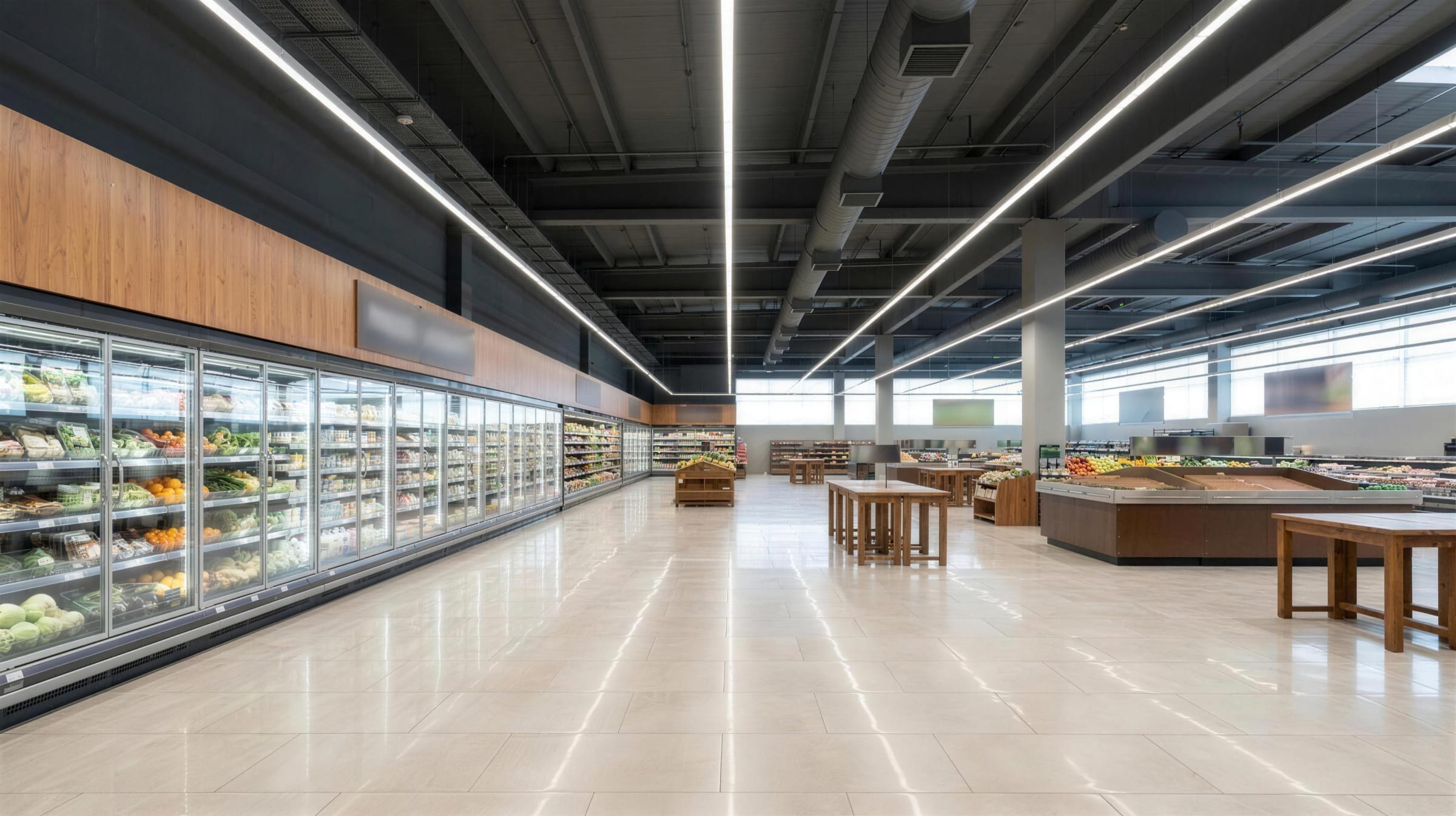 HydraThermal Loop waterloop refrigeration cases installed along a supermarket aisle, connected by a single water circuit
