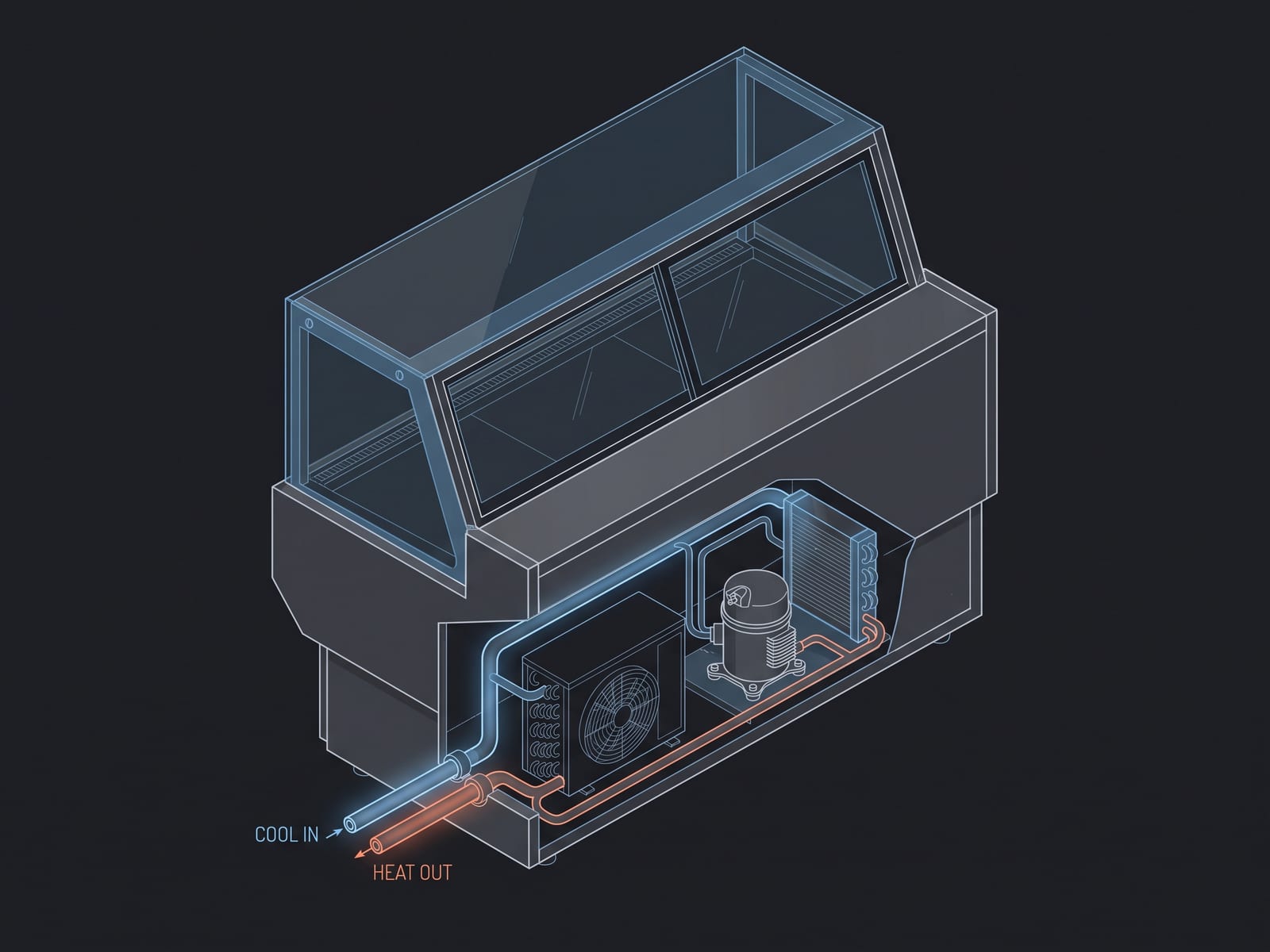 Isometric cutaway of a single self-contained display case showing its integrated water-cooled condensing unit, with cool water entering and recovered heat carried out
