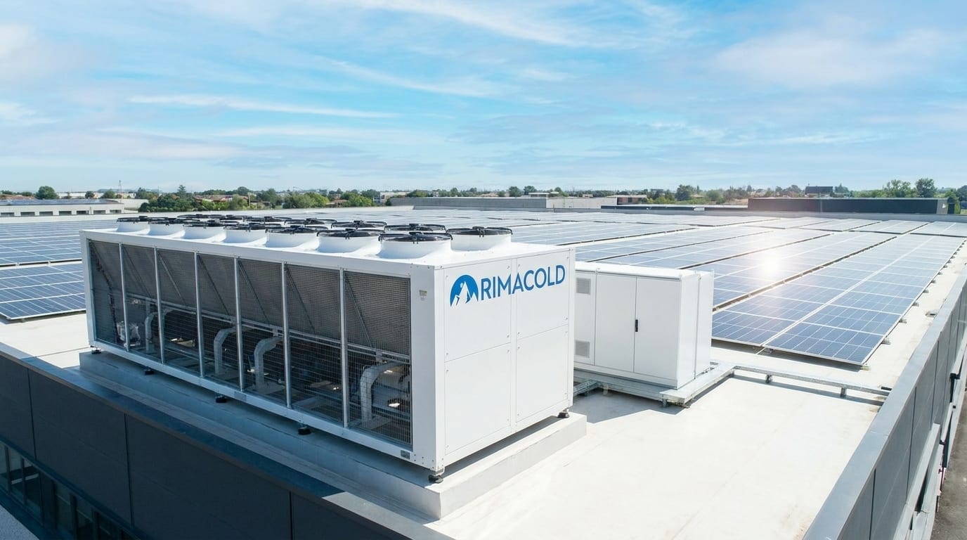 RimaCold rooftop drycooler rejecting heat from the HydraThermal Loop water circuit, surrounded by a rooftop solar array
