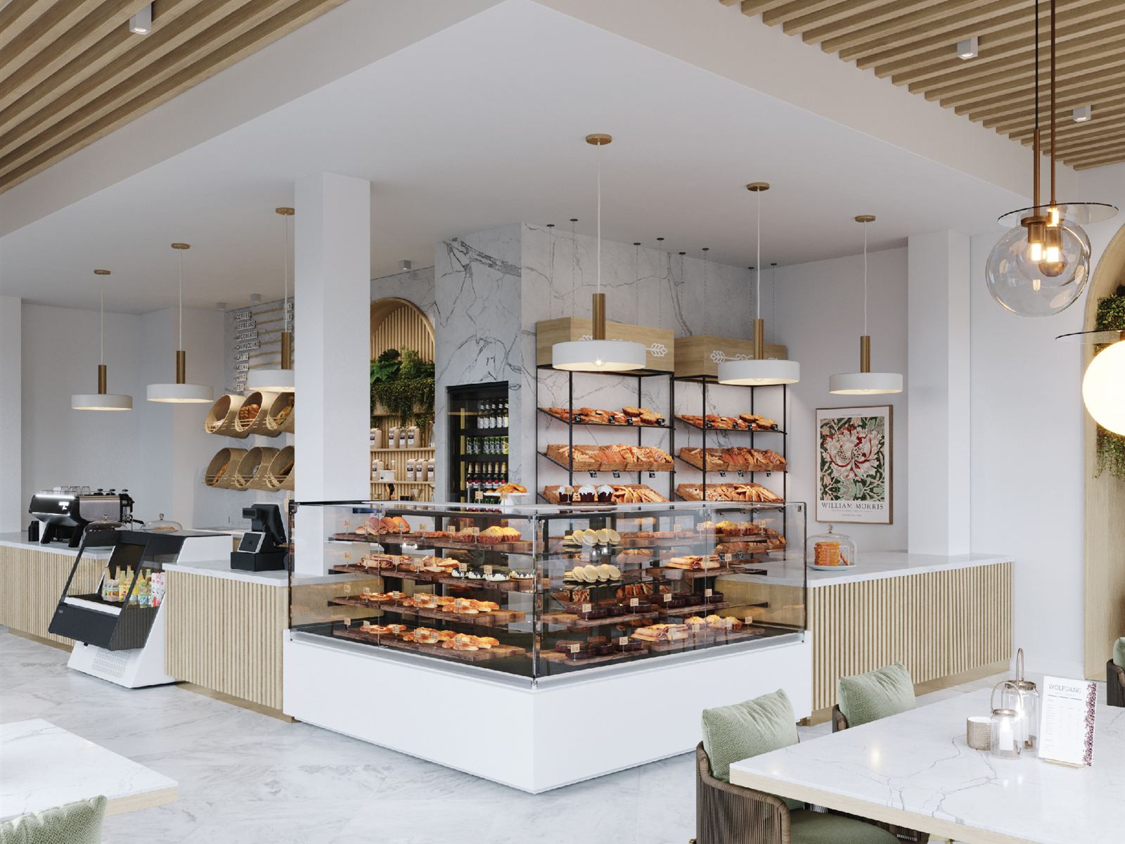 Bright bakery-café interior with pastry display counter and coffee bar