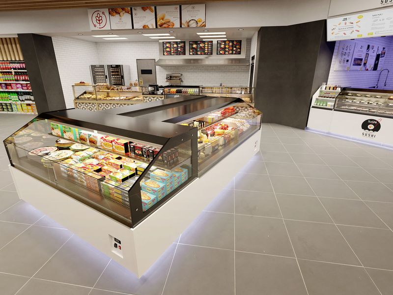 Serve-over counters with glass fronts in a modern store