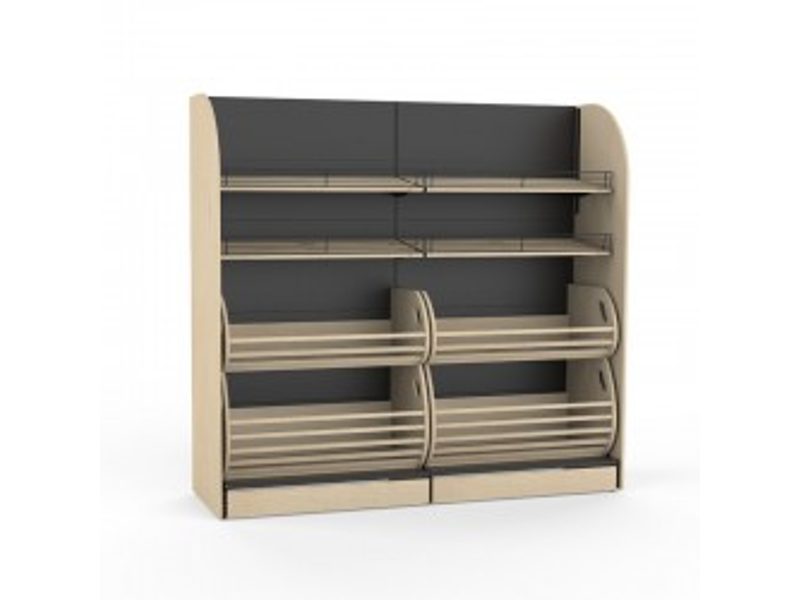Mobile bread and bakery shelving unit with tilted wooden shelves